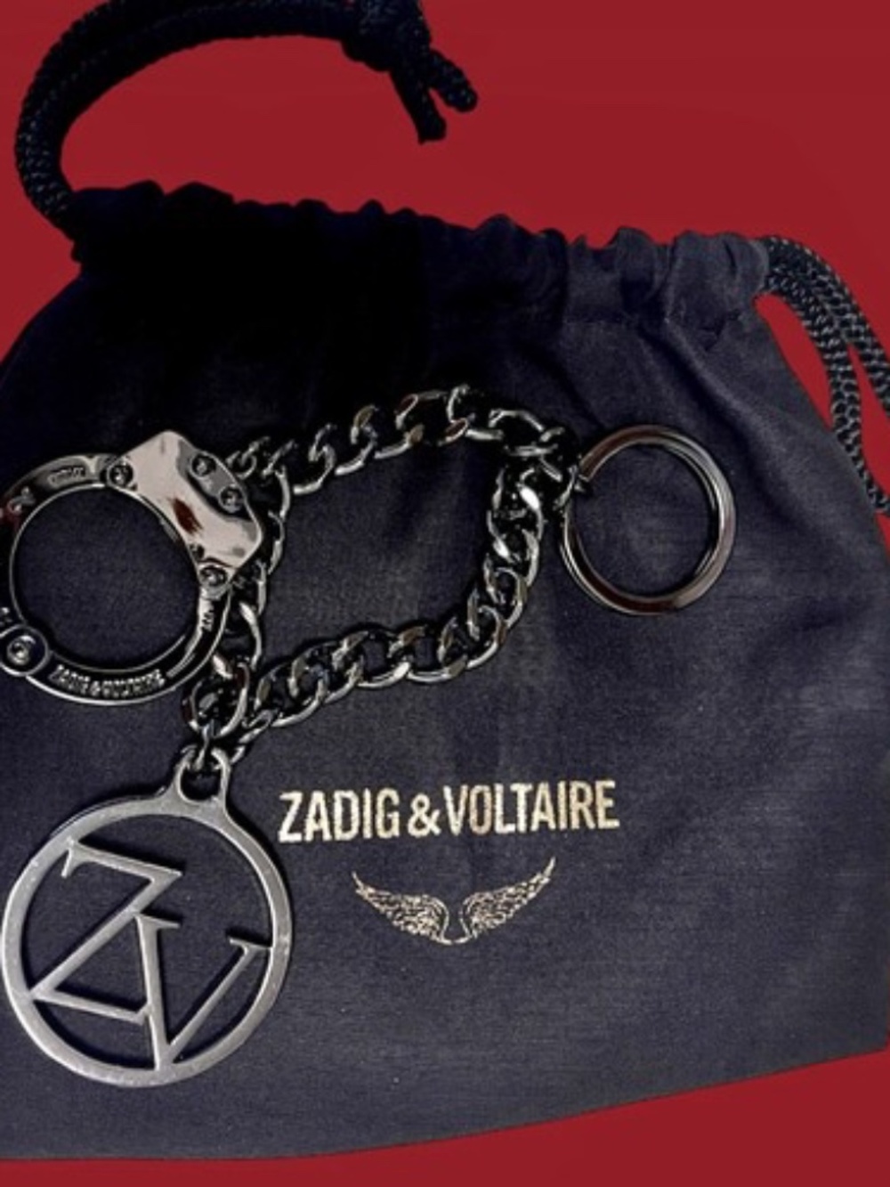 Punk style Zadig & Voltaire Handcuff Logo  Keychain in Gunmetal w/bag